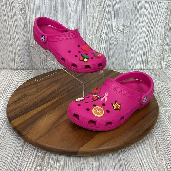 Crocs Men's Size 9 Women's Size 10 Pink Rubber Slip On Sandals With Charms - Picture 1 of 10